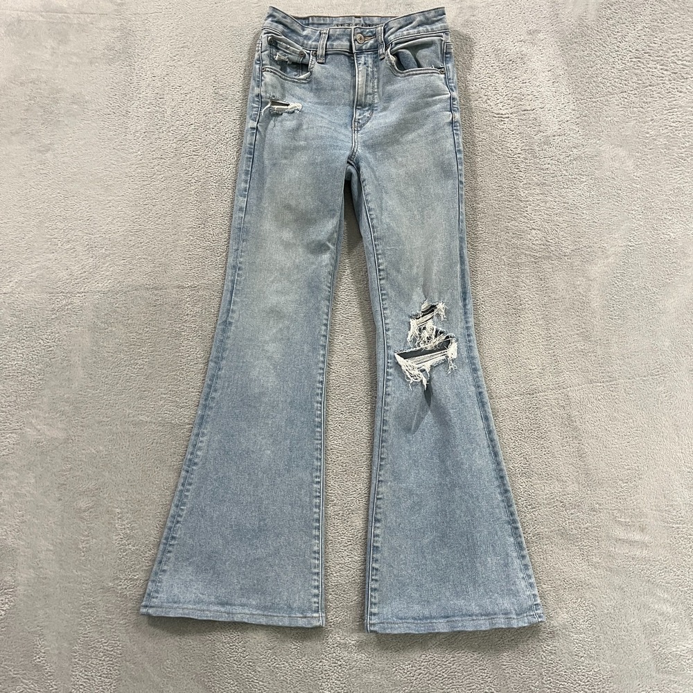 American Eagle Outfitters Light Blue High-Rise Flare Jeans with Distressed Knee